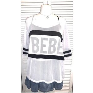 Bebe White and Black Mesh Top with sleeve stripes 3X